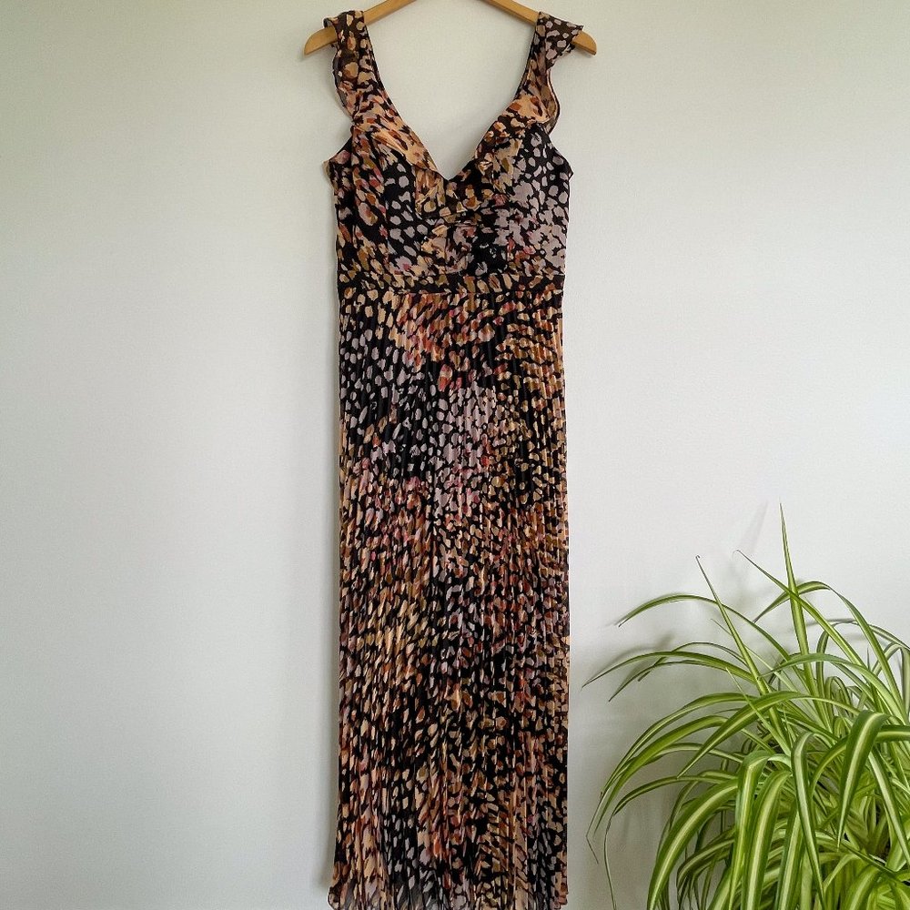 Guess | Pleated Chiffon Ruffled Maxi Dress | Multi | Size 8